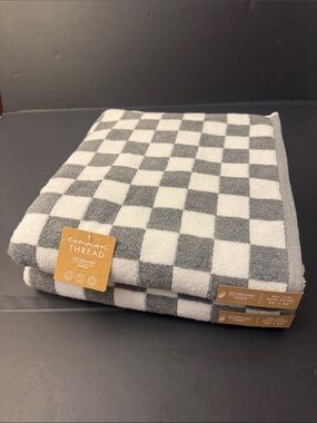 2pc COMMON THREAD Eco-Melange Bamboo Zero Twist Checkered Bath Towel Set